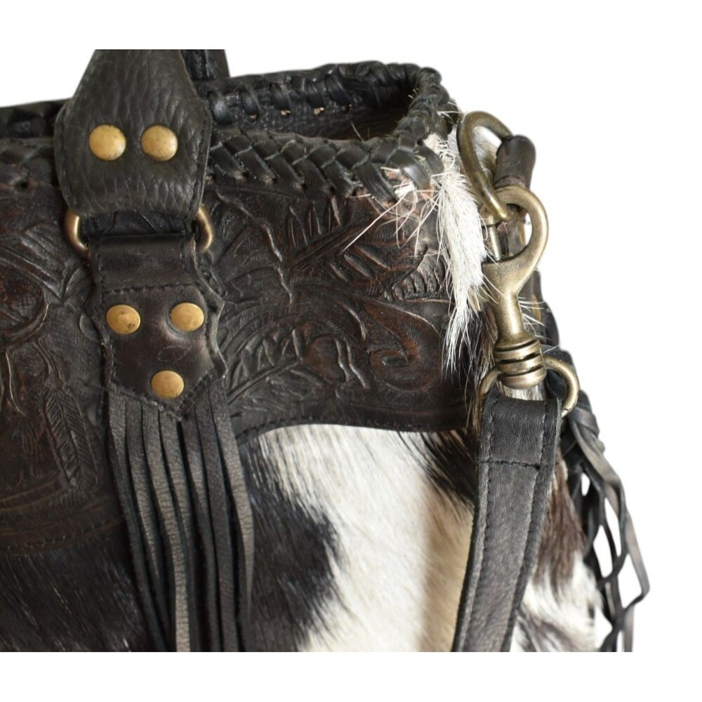 Kobler Furry Cowhide Fringed Bag Black White Tooled Leather Crossbody - Picture 8 of 12